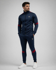 Тъмносин спортен екип с бордо ленти