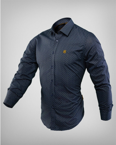 Camisa entallada en azul oscuro con un espectacular estampado