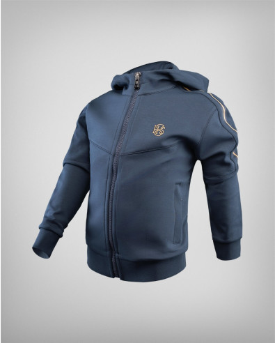 Sudadera infantil azul oscuro con rayas doradas y estampado