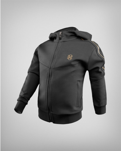 Sudadera infantil negra con rayas doradas y estampado