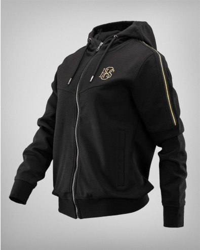 Sudadera de mujer en negro con rayas doradas y estampado