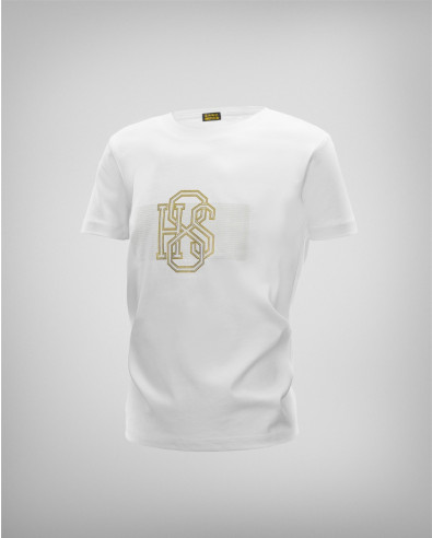 Camiseta blanca infantil con logotipo y estampado dorados
