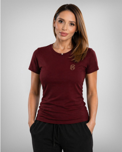 Women's burgundy T-shirt with gold logo