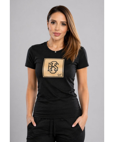 Camiseta negra de mujer con el logotipo H8S dorado