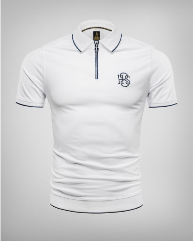 WHITE POLO T SHIRT WITH EMBOSSED COLLAR AND ZIP