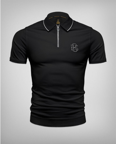 BLACK POLO T SHIRT WITH EMBOSSED COLLAR AND ZIP