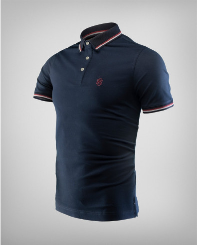 Dark blue polo shirt with contrast embroidered logo