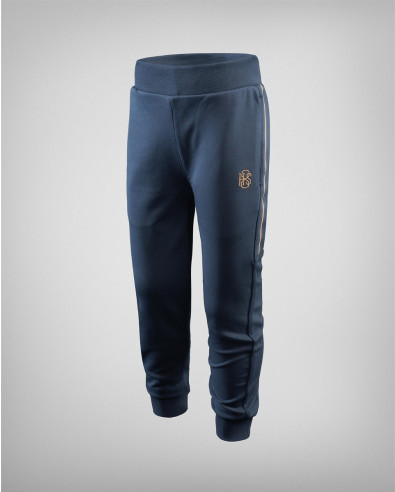 Kids dark blue sport pants with gold stripes and print