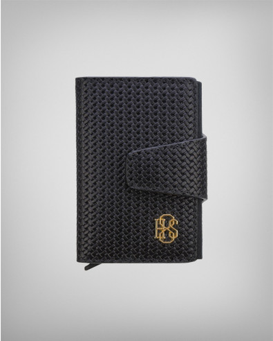Card holder in black with mechanism for cards