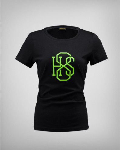 Дамска черна тениска с ефектно лого в зелено