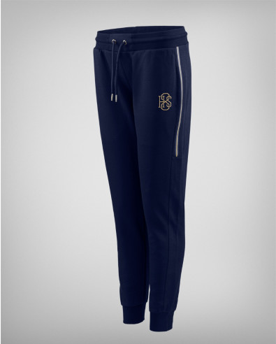 Women's sports pants in dark blue with gold stripes