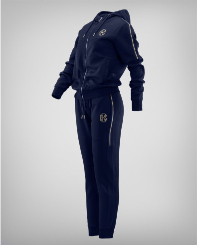 Women's sports tracksuit in dark blue with gold stripes