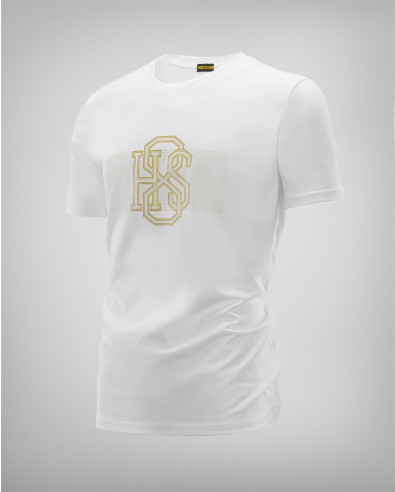 Men's white t-shirt with gold logo and print