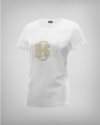 Women's white T-shirt with gold logo and print