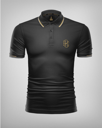 Black Polo Shirt with Buttons and Embroidery