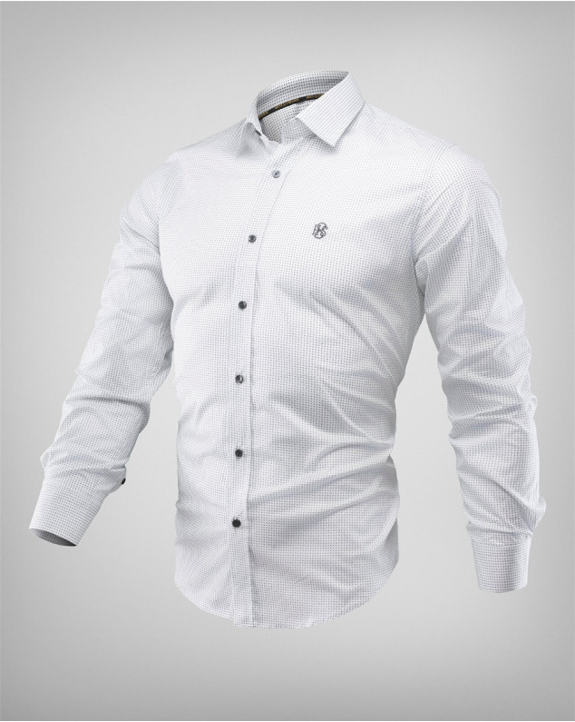 Вталена риза в Бяло с ефектен принт