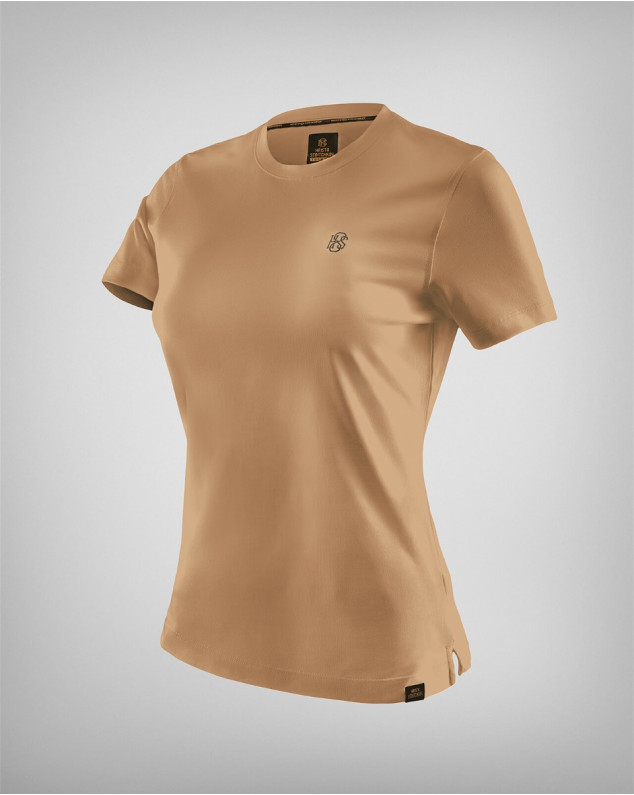 Дамска бежова бие тениска с бродерия и лого